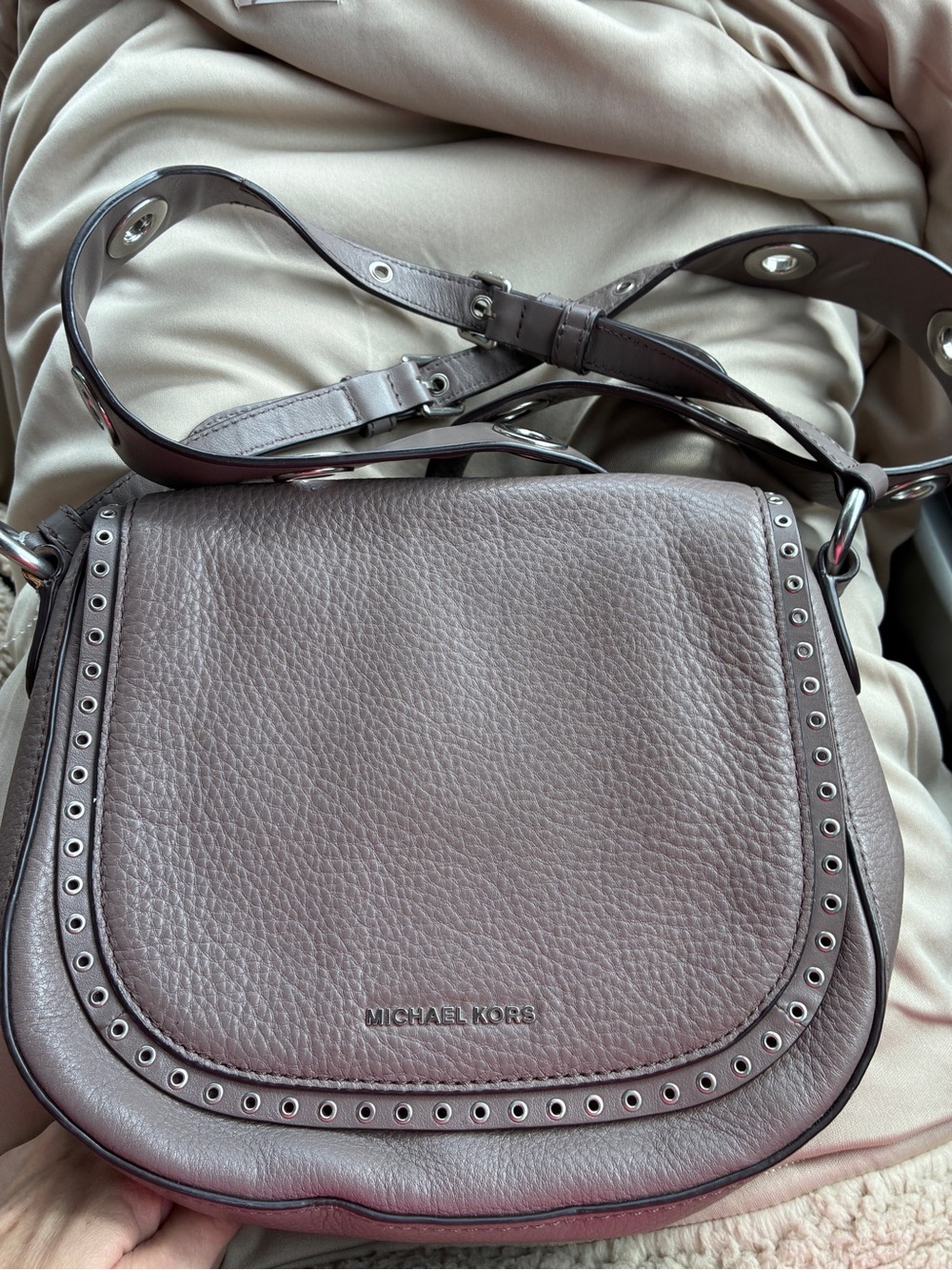 Michael Kors Taupe Leather Grommet Crossbody Bag